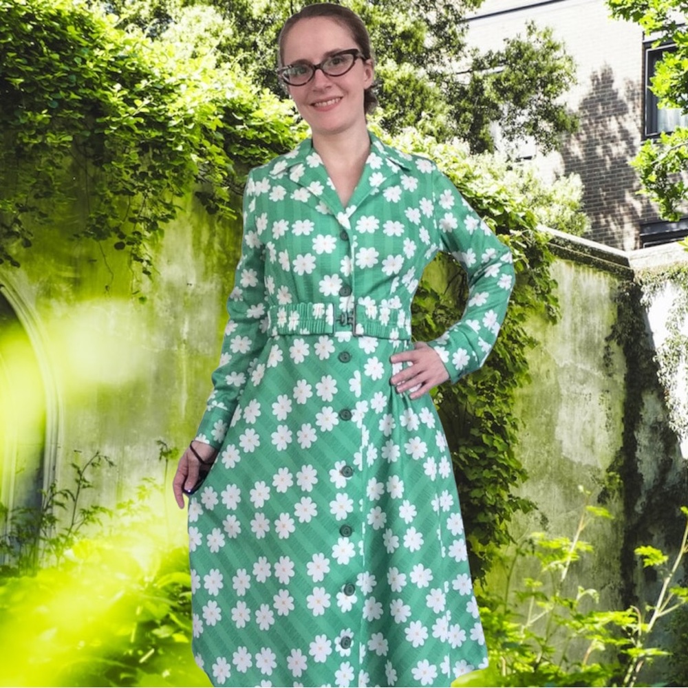 Mod Green Floral Dress Spring Print Long Sleeve S